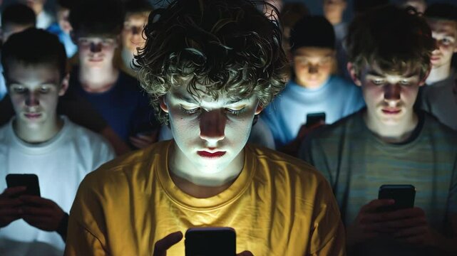 Cell phone addiction concept. Many teens hold smart device. Social media obsession. Online communication problem. People watch mobile gadget screen. Cyberspace internet network. Bad habit. Neon light. - Powered by Adobe