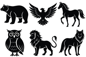 Bear lion dear eagle horse owl silhouette vector icon in white  background 