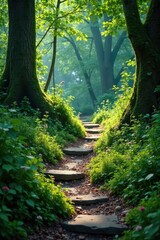 Ancient stone pathway disappearing into the underbrush, moss, foliage
