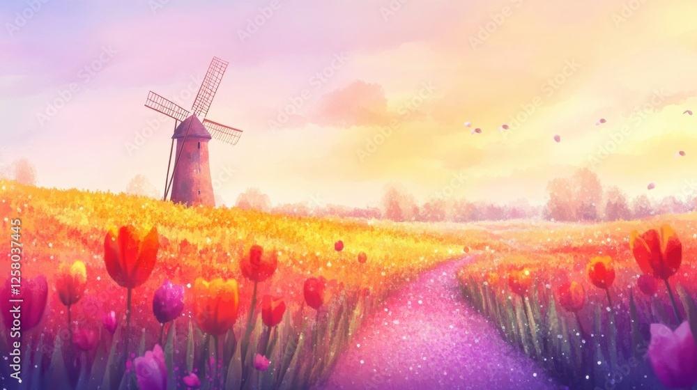 Poster colorful watercolor tulip fields with windmill under a vibrant spring sky. generative ai