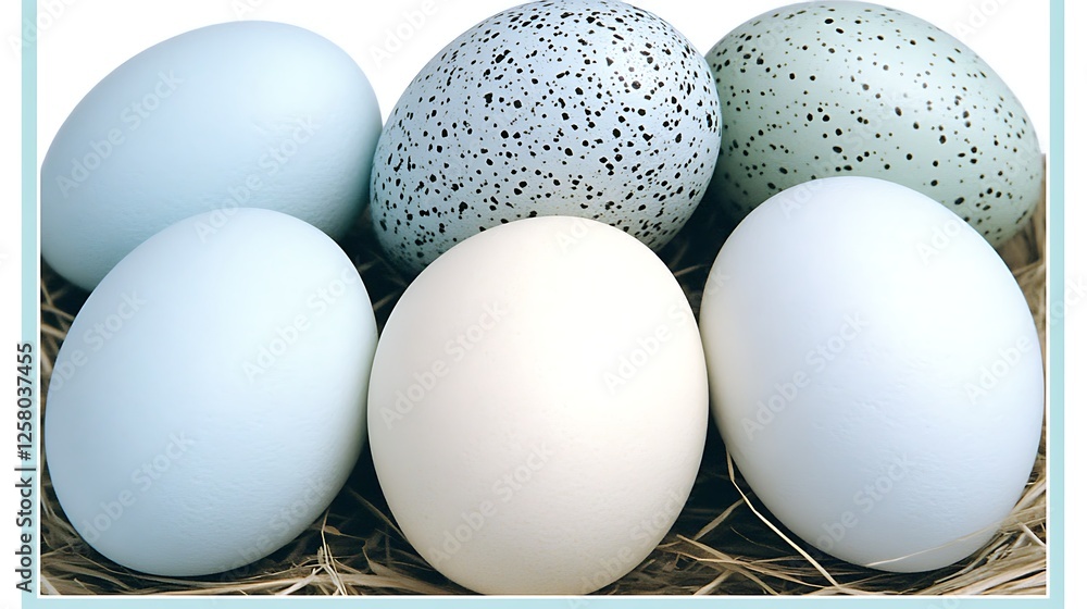 Poster collection of avian eggs with varied speckled patterns and smooth textures on a nestled hay bed