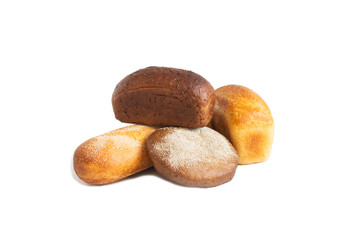 Different rolls of wheat and rye flour bread in close-up on a white background, isolated