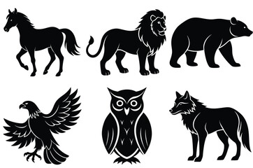 Bear lion dear eagle horse owl silhouette vector icon in white  background 