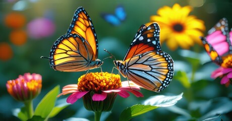 Fototapeta premium Two monarch butterflies rest on a vibrant pink and orange flower, their delicate wings glowing in sunlight. Lush green foliage and blurred blossoms enhance the serene scene