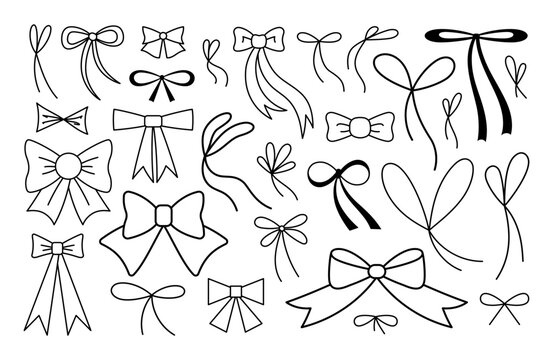 Hand drawn tied bows collection. Tied ribbons set in doodle style. Outline Decoration elements. Isolated on white. Vector