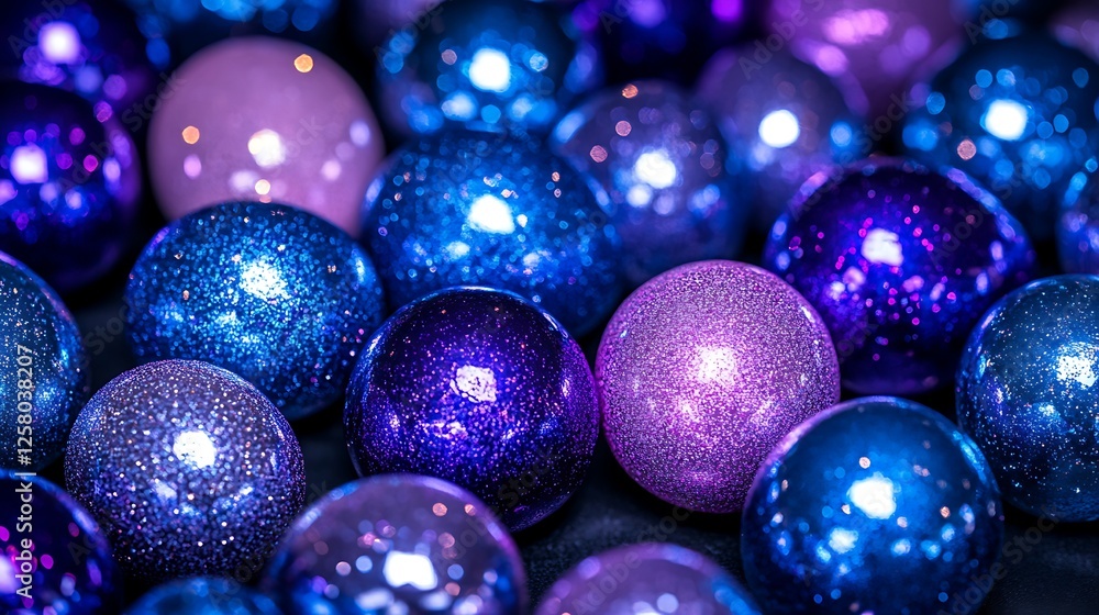 Poster colorful array of marbles shimmering with glitter sparkle and light in a close up spherical display