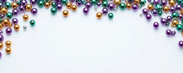 Designer frame with beads or garland in purple, green and yellow, traditional colors of Mardi Gras carnival, Decorative glossy realistic elements isolated on white background
