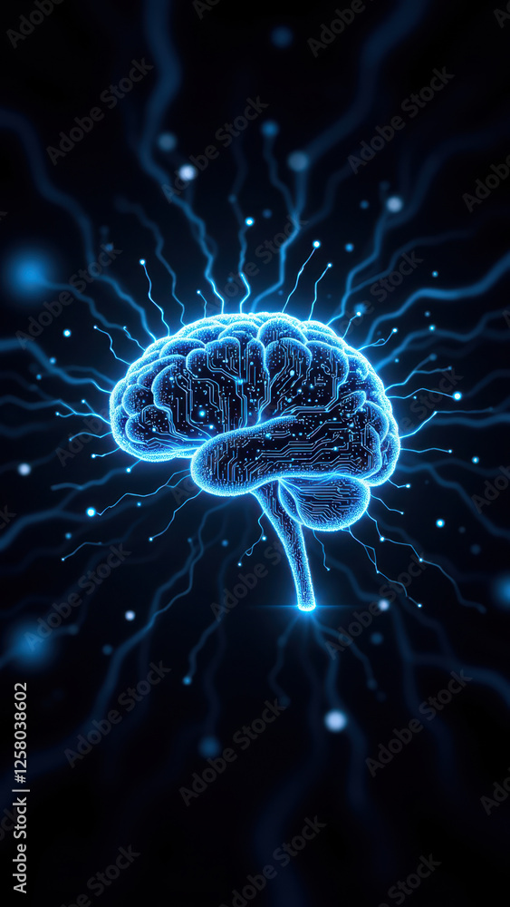 Poster illustration of human brain with lightning bolts emanating from it, symbolizing artificial intellige