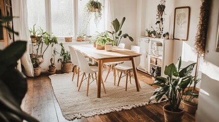 Sunlit dining room with wooden table, white chairs, and many potted plants.