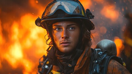 Brave firefighter, fiery blaze, courageous face.