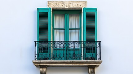 Obraz premium Traditional green window shutters contrast against pure white wall, featuring wrought iron balcony and classical European design with symmetrical louvered panels.