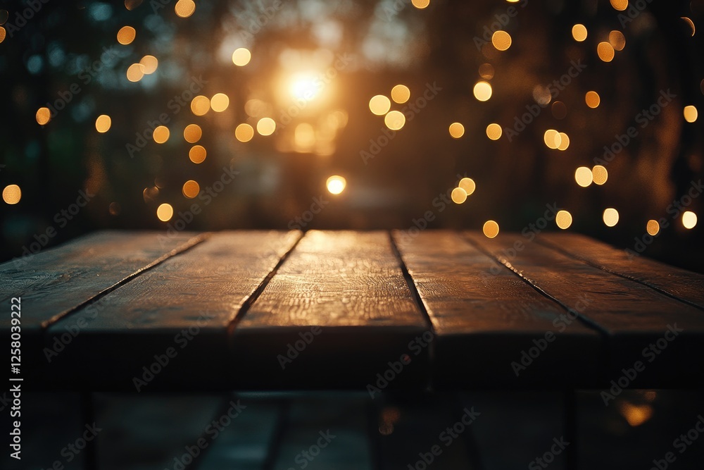 Fototapete blurred background of an empty table in front of the bar with bokeh lights, space for product displa