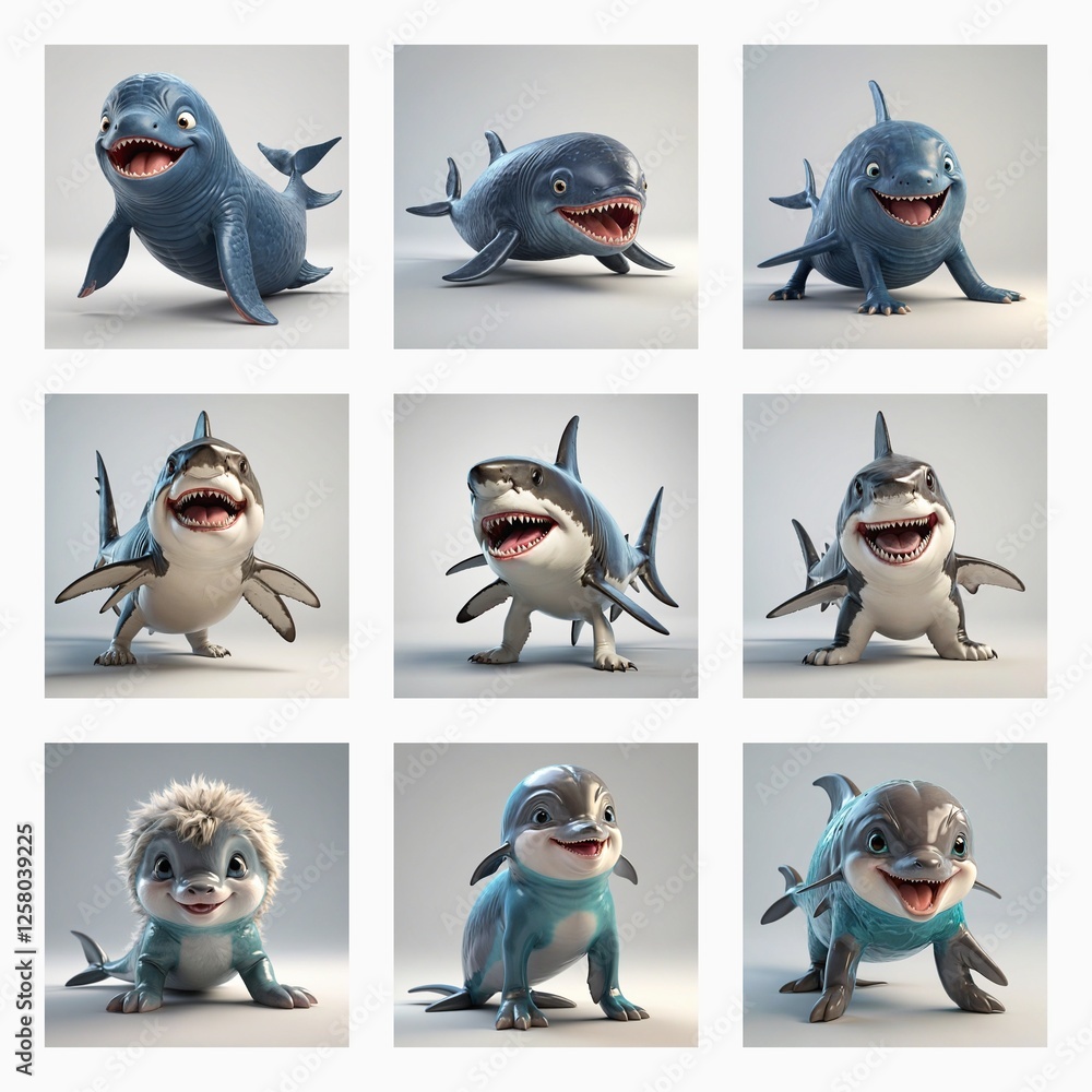 Aufkleber Cute 3D monster creatures with shark-like features in a grid layout. These cartoonish animals are rendered with playful and friendly expressions.