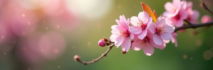 Delicate branch with blooming pink cherry blossoms, greenery, pink cherry blossoms