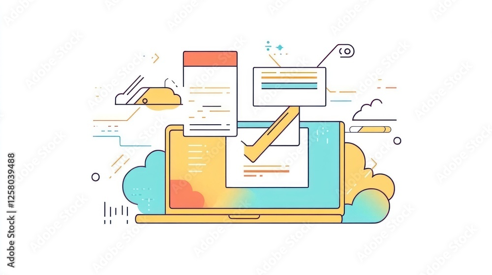 Poster digital workflow, online document submission, cloud computing, efficient process, illustration