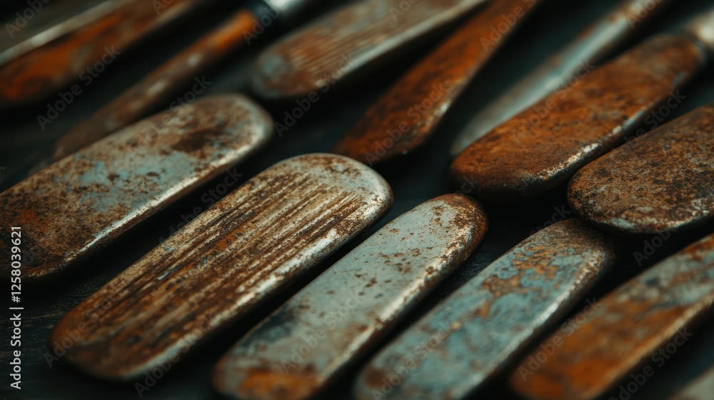 Poster an array of rustic metal tools is artfully displayed against a dark wooden background, showcasing th