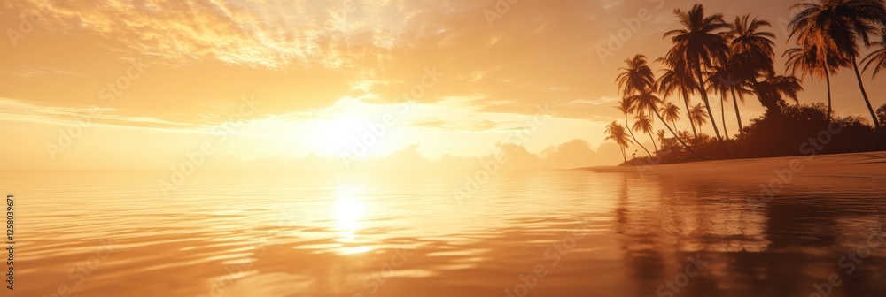 Leinwandbilder sunset over calm ocean with palm trees on a tranquil beach in a tropical paradise. generative ai