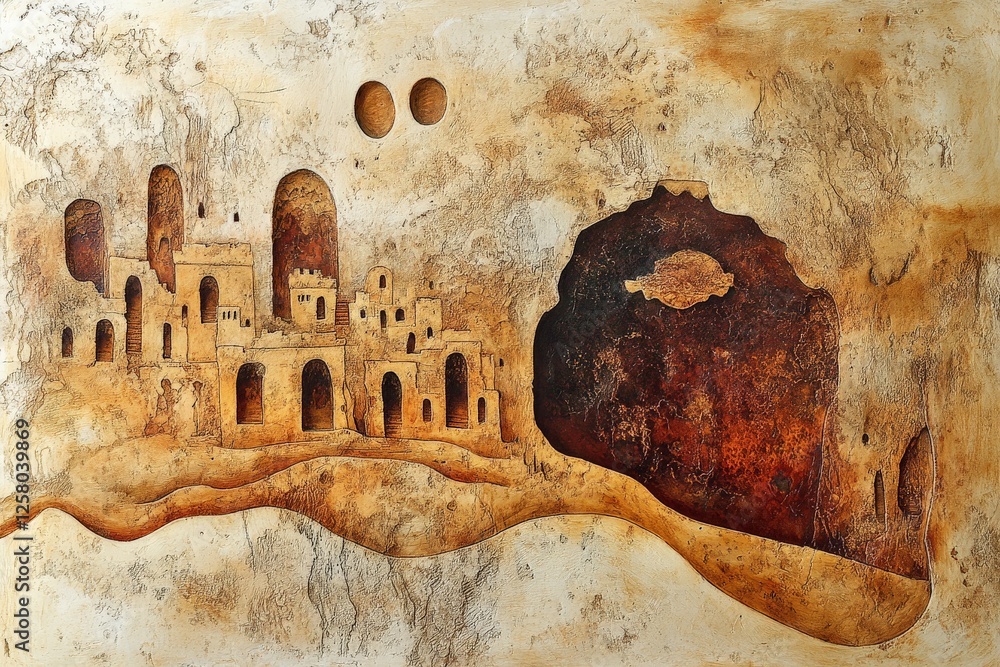 Poster abstract depiction of a desert landscape with ancient structures and celestial elements at sunset
