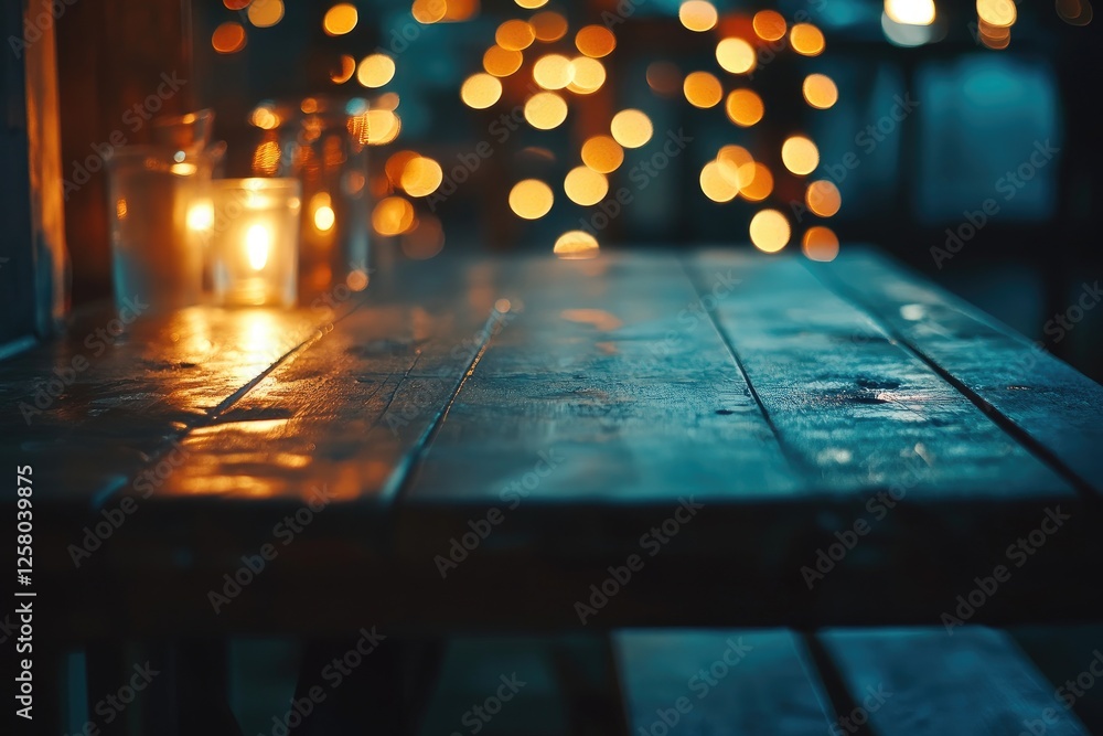 Fototapete blurred background of an empty table in front of the bar with bokeh lights, space for product displa