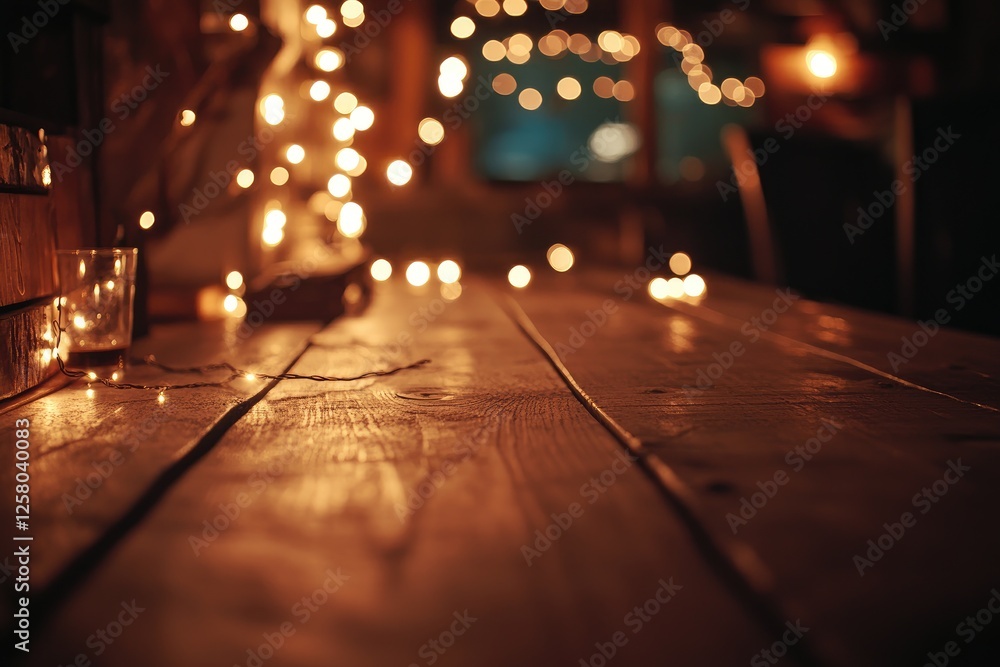 Fototapete blurred background of an empty table in front of the bar with bokeh lights, space for product displa