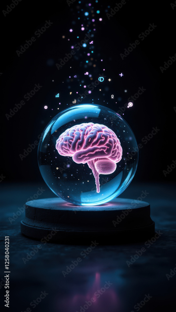 Poster a captivating ai-themed image featuring a glowing human brain inside a glass sphere, set against a b