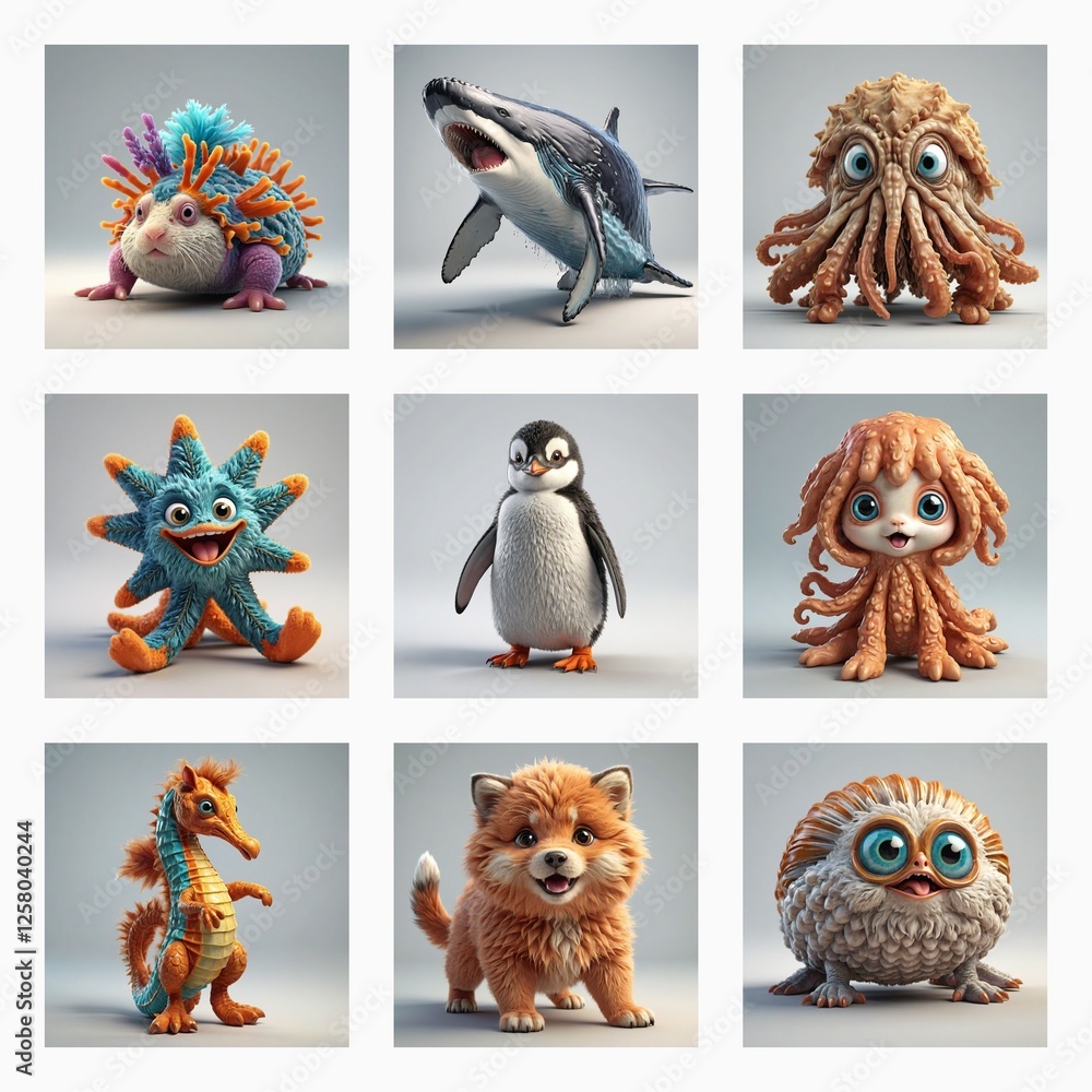 Poster adorable 3d monster collection showcases a grid of various cute creatures. these whimsical designs a