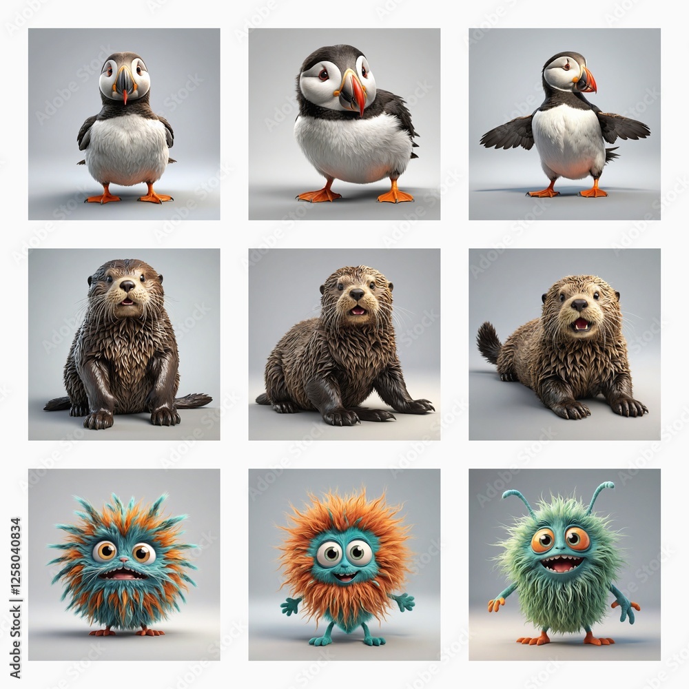 Poster cute 3d rendered animals and monsters are in a grid layout. puffins, otters, and fluffy monsters are