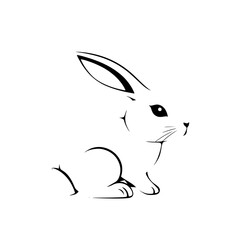 Clean and simple Line Art illustration of a Rabbit, minimalist design, white background, looking right.
