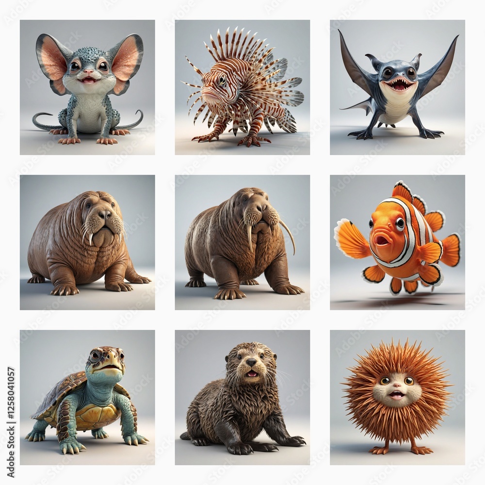 Poster cute 3d monster animal illustrations displayed in a grid. diverse and stylized creatures showcasing 
