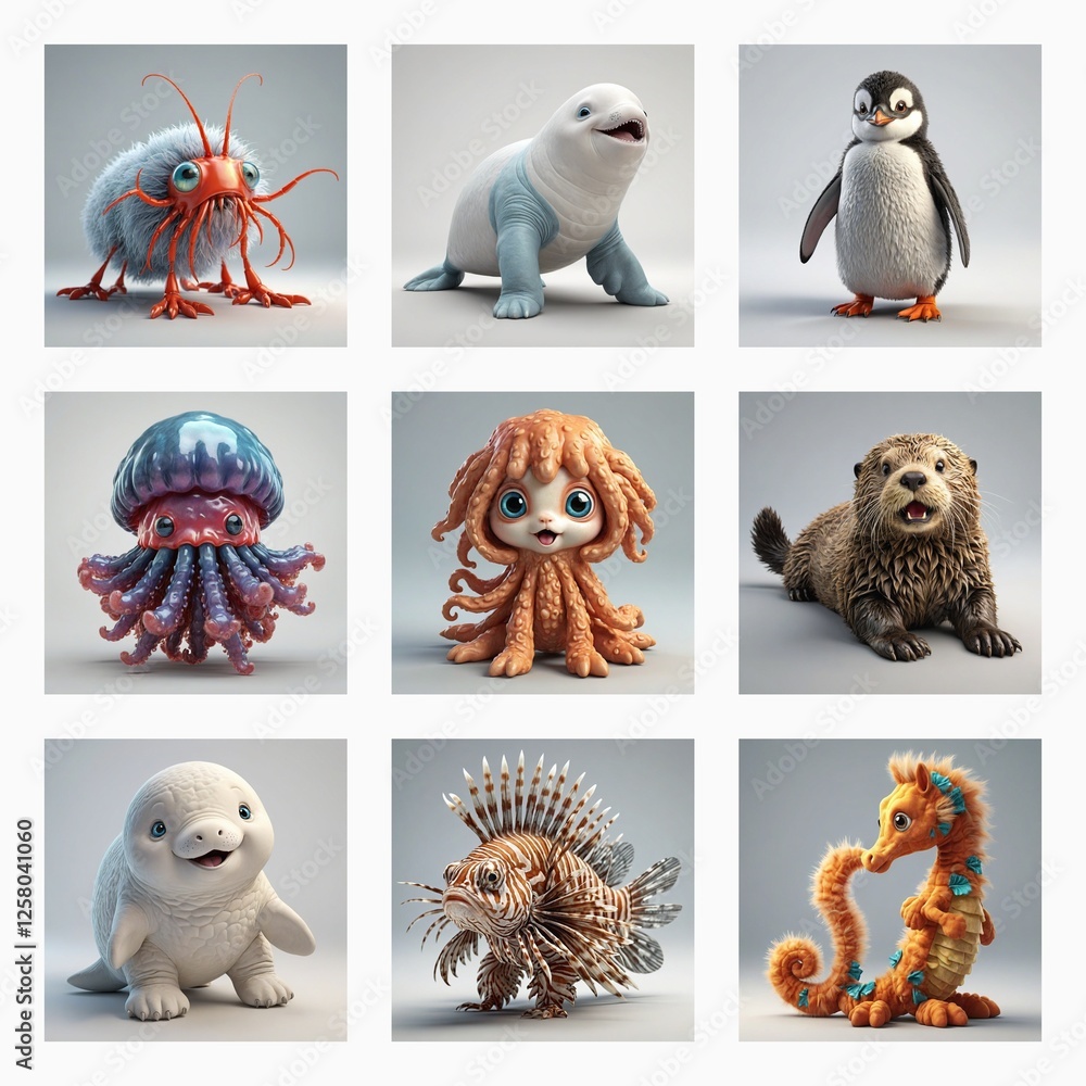 Poster cute 3d monster creatures displayed in a grid. cartoonish, whimsical renderings of various animals w