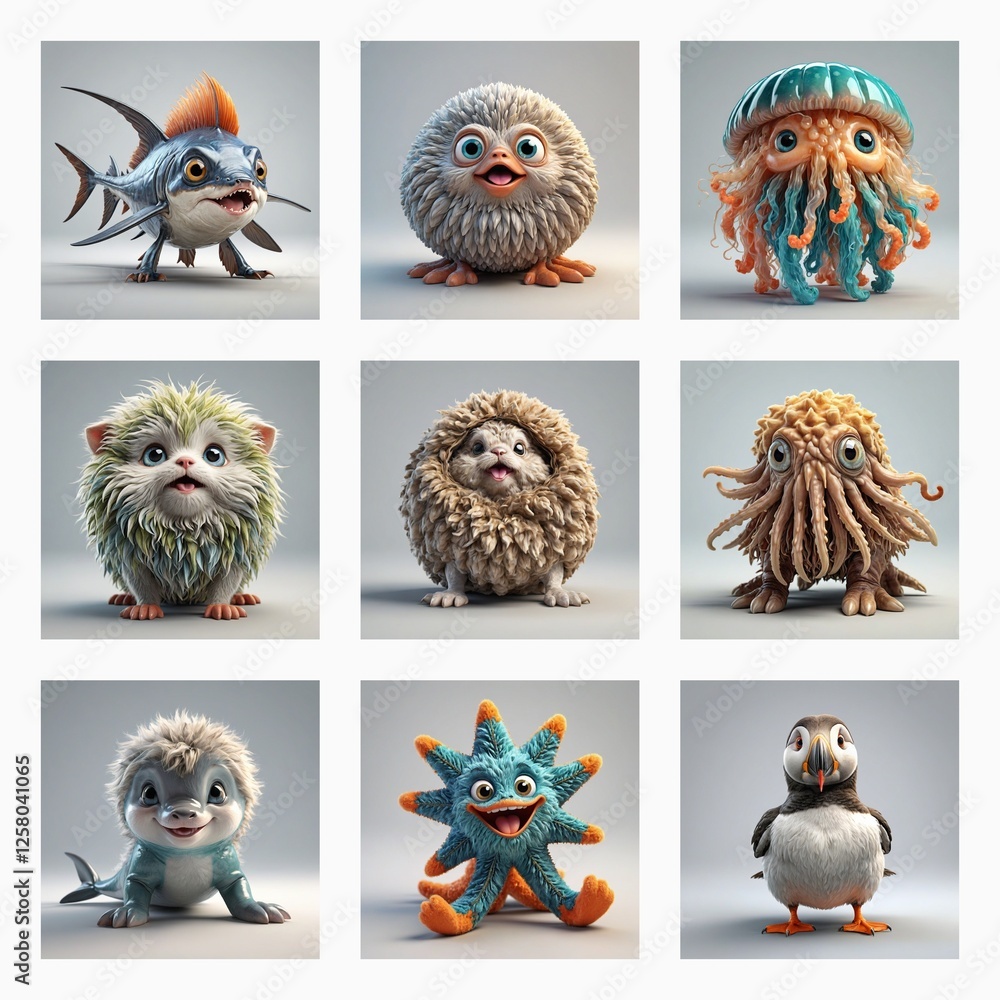 Aufkleber Nine cute 3D monster creatures are arranged in a grid format.  These cartoonish and colorful figures display a variety of textures and whimsical features.