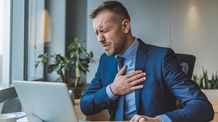 Fototapeta premium Businessman Experiencing Chest Pain Serious Health Issue Workplace Stress Tired Employee Feeling Unwell Discomfort Corporate Office Setting Professional Male Adult Man Suffering sad help sick pale 