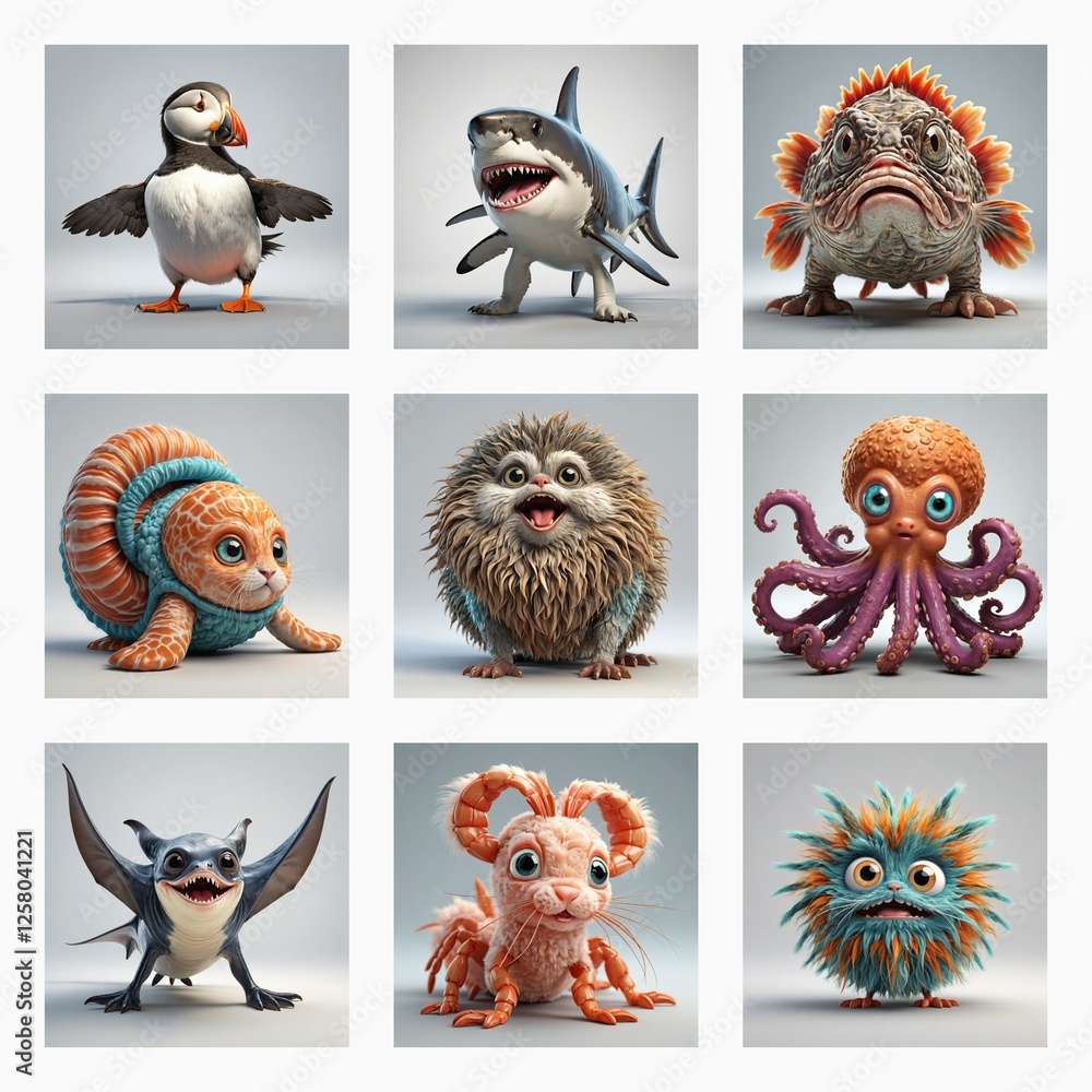 Aufkleber nine cute 3d monster characters showcase unique and colorful designs. these fantasy creatures displa