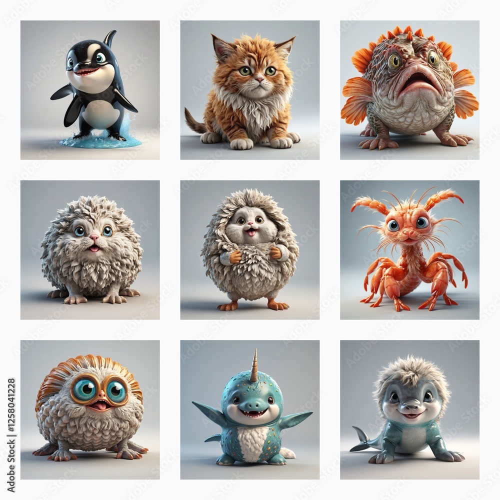 Poster a grid showcases nine distinct, adorable 3d monsters. each creature has a unique, endearing design, 