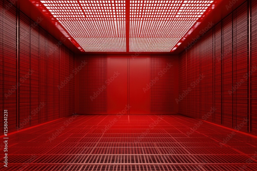 Aufkleber red illuminated empty room with grid patterns and shadows