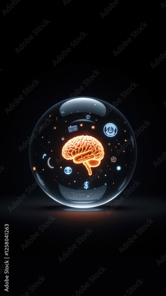 Poster ai-generated concept art featuring a futuristic neural sphere with a human brain at its core.