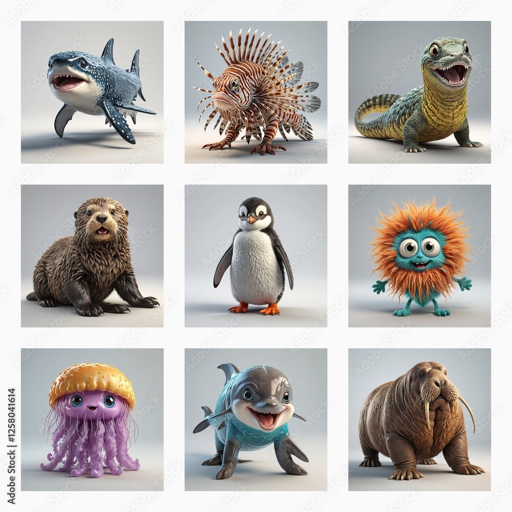 Poster nine cute 3d rendered animal creatures, some with monster-like features, are displayed in a grid lay