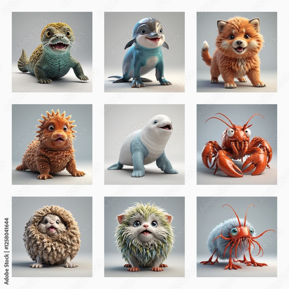 Poster nine square images display cute 3d monster creatures. a grid of diverse and furry, spiky, or smooth 