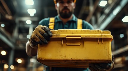 A focused worker stands in an industrial environment, proudly holding a yellow toolbox that symbolizes readiness and professionalism in the workplace.