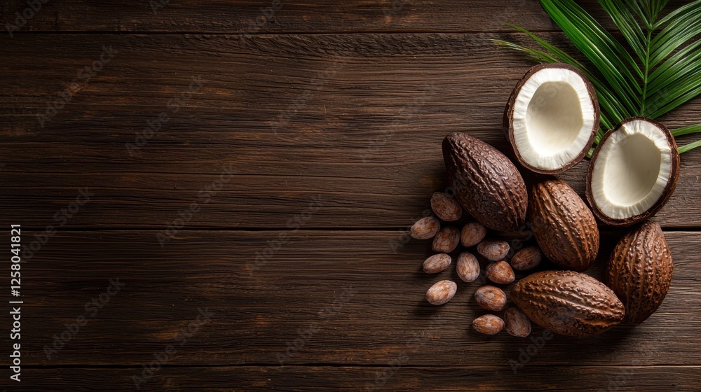Aufkleber fresh coconuts and cocoa beans on rustic wooden surface