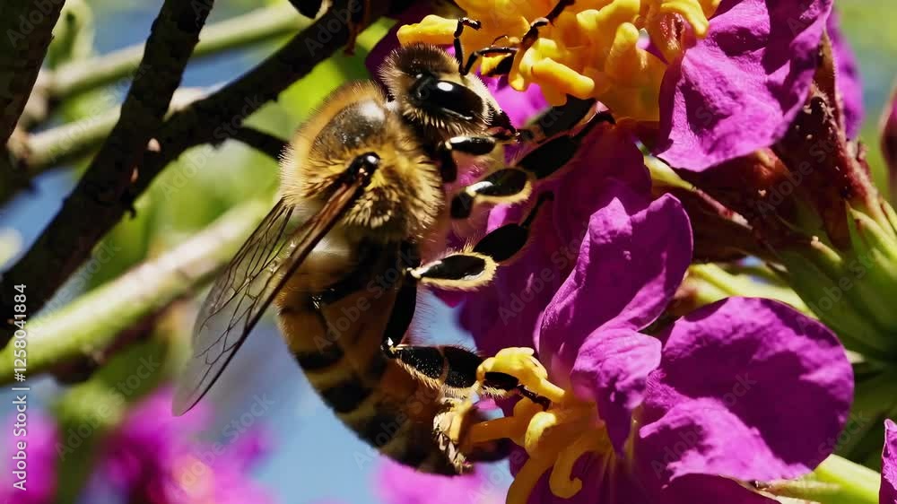 Poster close-up video of bees clustering on a tree branch, captured from a low angle, highlighting the vibr