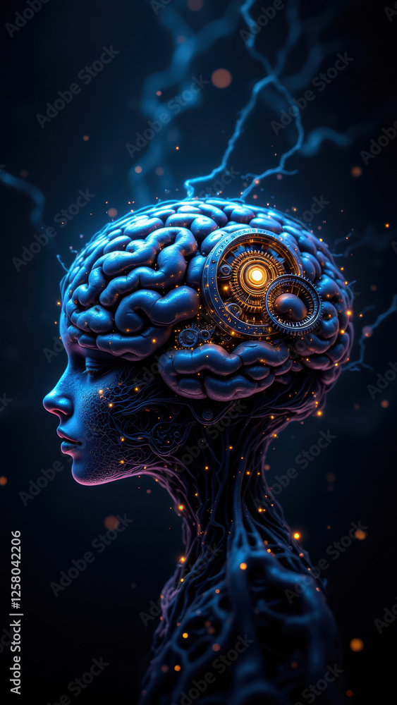 Aufkleber an ai-themed illustration featuring a humanoid robot with glowing circuitry inside its head and body