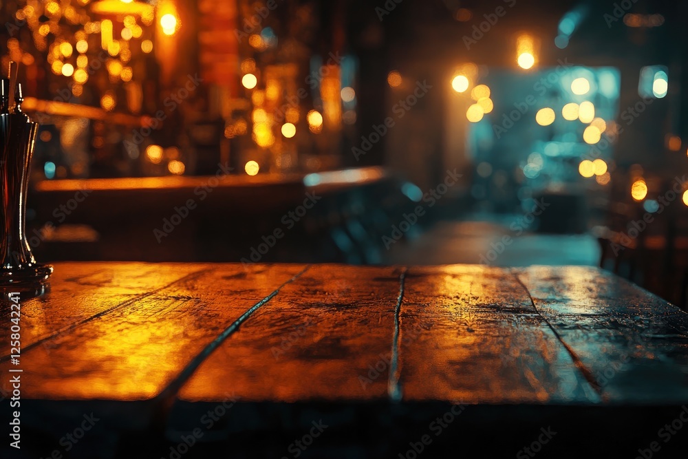 Poster blurred background of an empty table in front of the bar with bokeh lights, space for product displa