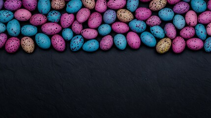 Colorful Speckled Easter Eggs Artistic Composition on Dark Textured Background for Seasonal Celebrations