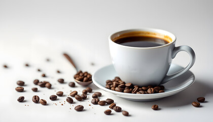 Aromatic Coffee Cup with Roasted Beans on a White Surface. A close-up shot of a cup of black coffee with coffee beans surrounding it on a white surface
