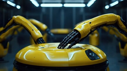 The image depicts futuristic robotic arms in a high-tech environment, featuring yellow accents and intricate design.