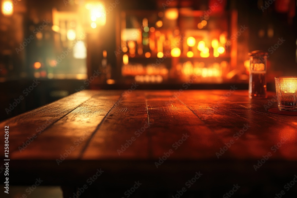 Poster blurred background of an empty table in front of the bar with bokeh lights, space for product displa