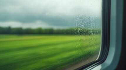 Fototapeta premium Serene view of rainy countryside from train window