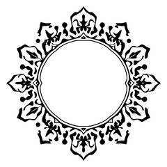 Intricate black ornate circular frame with symmetric, floral, and arabesque design.