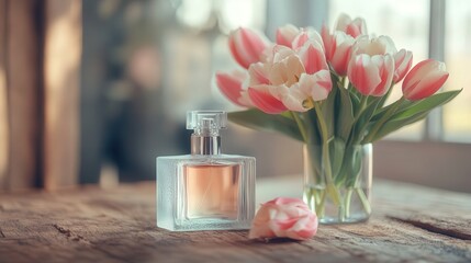 a perfume bottle with frosted glass detailing, paired with a vase of freshly cut pink and white tulips on a rustic wooden table